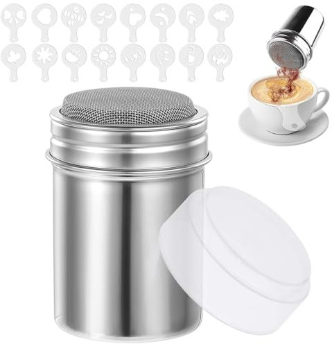 Spargitore per zucchero a velo, in acciaio inox, per cappuccino, spargitore per cacao con coperchio, colino a velo con 16 stampi a pressione per caffè, cioccolato, zucchero a velo, zucchero, sale,