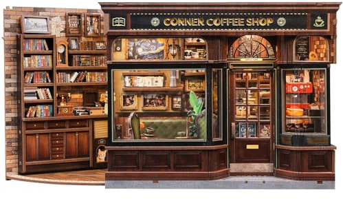CUTEBEE Book Nook Kit - DIY Dollhouse Miniature House Kit With LED Light And Dust Cover Bookshelf | Creative Reading Corner for Book Lovers | Craft Kits Gifts for Adults (Corner Coffee Shop)