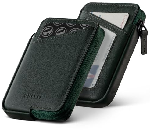 VULKIT Tarjetero Cuero con Bloqueo RFID y Cierre de Cremallera Billetera Minimalista Delgada para Tarjetas, con Capacidad para Más de 10 Tarjetas y Billetes Doblados
