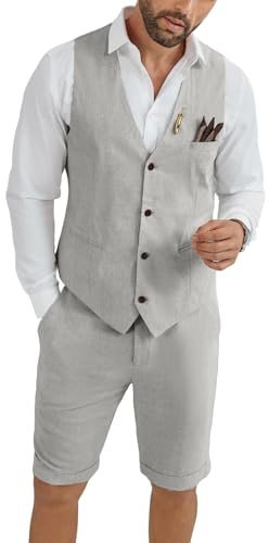 HUEZOE Mens Linen Suit 2 Piece Short Suits for Men Casual Summer Beach Groom Wedding Suit Linen Vest Shorts Set, Grey, XL
