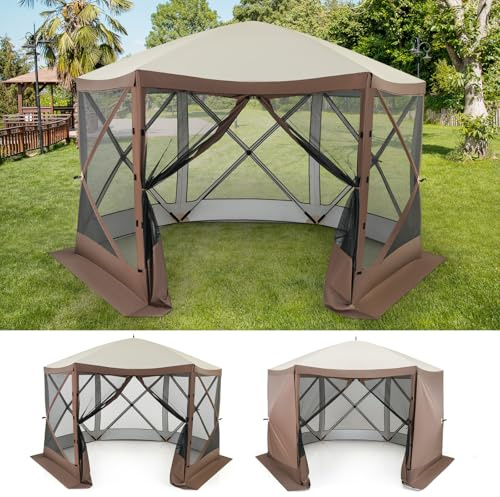 GOPLUS Tente de Camping 6-8 Personnes, Abri Pop-up 6 Façades avec Panneaux Anti Soleil Amovibles Mousquetaire, Imperméable et Corde Anti-Vents pour Plage Jardin, 350x350 CM, Brun