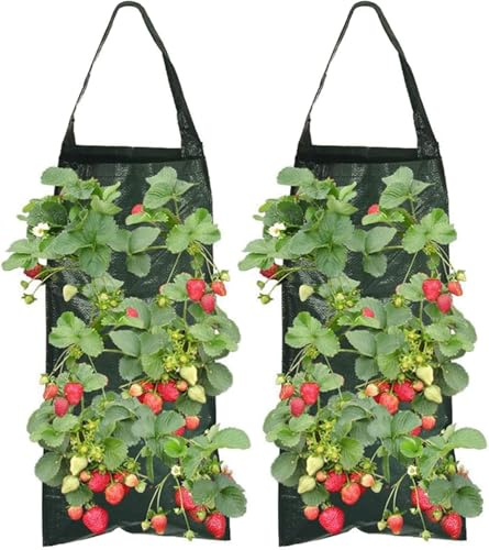 Kuyotine Pack of 2 Hanging Strawberry Plant Bags with 8 Holes, Plant Grow Bags with Handles, Hanging Outdoor Planting Bag for Strawberry, Herbs, Vegetables