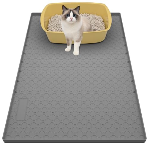 BLESWIN Silicone Large Cat Litter Mat 86x56cm, Cat Mat for Litter Box, Cats Litter Trapping Mat, Non-Slip and Waterproof, Raised Edge,Grey