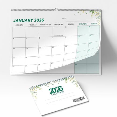 2026 Wall Calendar A4 Large Monthly Planner Month To View Landscape Hanging Spiral Bound Calendar for Home Office & School Organiser UK Holidays Notes Section Spacious Date Boxes 250gsm