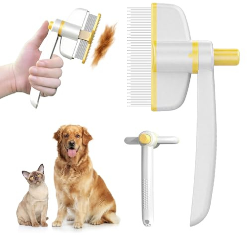 Pet hair comb, cat and dog flea comb, stainless steel long and short teeth, rotatable comb head, self-cleaning design, suitable for pet grooming and hair removal (Yellow)