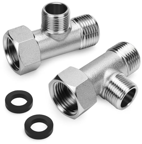 EEEKit 3-vägs ventil T-stycke av mässing – robust WC-anslutningsventil 3/8 tum rak och 1/2 tum på sidan, T-adapter vattenanslutning för WC-tank, tvättmaskin, dusch, badrum och kök (2 stycken)