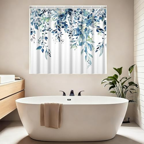 Short Shower Curtain, Blue Eucalyptus Leaves Shower Curtain for Walkin Tub or Step in Tub, Watercolor Plant Vines Floral Waterproof Fabric Shower Curtains with Hooks 72x48 Inch