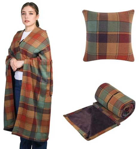 SIVENKE Manta portátil Cojín compacto Manta de regazo 2 en 1 para mujeres Poncho de forro polar con botón Colcha a cuadros Cojín para cama, sofá, oficina, multicolor a cuadros, 135 x 120 cm