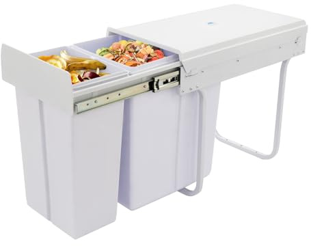 Mocuceom Pull Out Trash Can Under Cabinet, 20L+10L Built-in Pull-Out Waste Separation System, Heavy Duty Under Sink Garbage Bin on Full-Extension Damping Rail