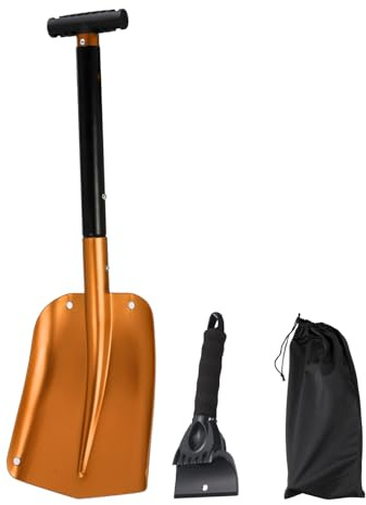 QUARKZMAN Pala De Nieve 3 En 1 De Aluminio con Rascador De Hielo Y Bolsa De Almacenamiento para Emergencias En El Auto Camping Y Jardinería Dorado