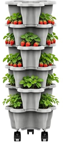 Strawberry Planter, 6 Tier Strawberry Tower On Wheels, Stackable Vertical Planter Tower, Space-Saving Vertical Garden Planters Pots For Strawberries, Herbs, Flowers & Vegetables, Patio, Balcony