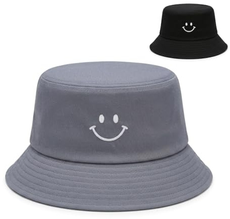 VorErgyllic Reversible Kids Smiley Face Bucket Hat, 2 in 1 Cotton Summer Sun Hat, Packable UV Protection Beach Fisherman Hat for Travel, Festival, Outdoor,Suitable for Ages 2–8 Black Blue