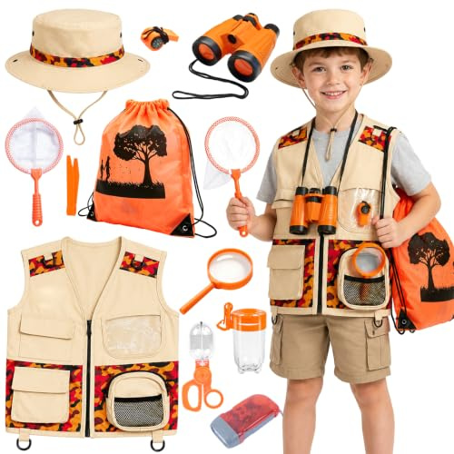 Xerteam 11 Pcs Explorer Costume Kids Bug Explorer Kit for Boy Girls 3-7 with Safari Vest Pockets, Hat, Telescope, Backpack, Bug Catcher Kit, Outdoor Camping Adventure Explorer Fancy Dress Set
