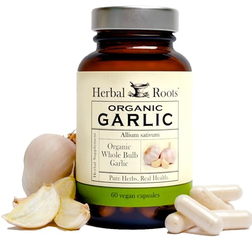 Herbal Roots Organic Whole Bulb Garlic Pills - Potent Extra Strength | 600 mg - 60 Organic Vegan Capsules