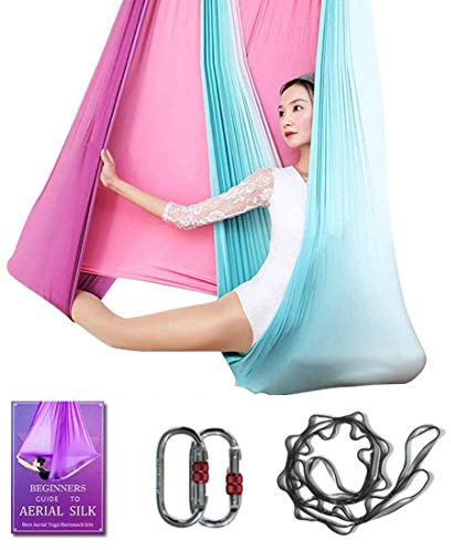 Aerial Yoga Hammock L:5M W:2.8M Aerial Pilates Silk Yoga Swing Set with 2000 Ibs Load Include Daisy Chain, Pose Guide