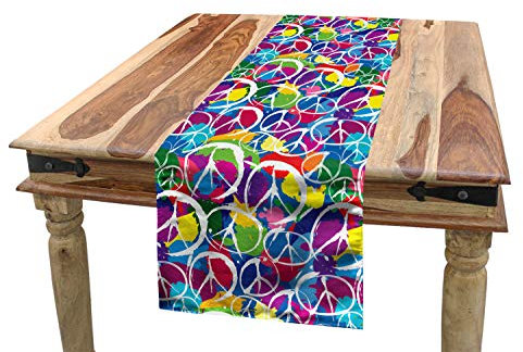 ABAKUHAUS Hippie Tischläufer, Friedensaktivismus Thema, Esszimmer Küche Rechteckiger Dekorativer Tischläufer, 40 x 180 cm, Lila Blau Weiß