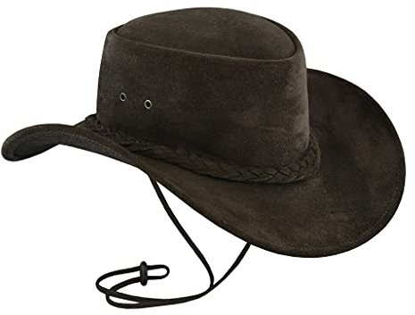 Leatherick Wasserdichter Cowboyhut Echtes Wildleder Schwarz & Dunkelbraun Aussie Style Western Outback Leder Bush Hut (L, Dunkelbraun)