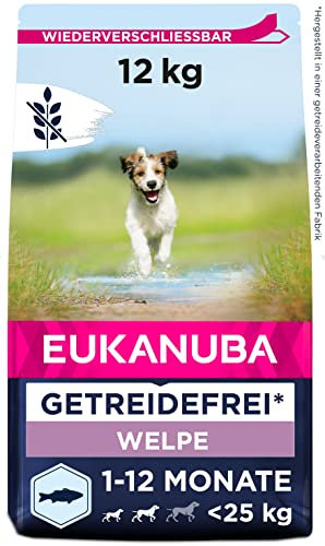 Eukanuba Welpenfutter getreidefrei mit Fisch für kleine und mittelgroße Rassen - Trockenfutter ohne Getreide für Junior Hunde, 12 kg