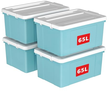 Cetomo 65L*4 Storage Boxes, Plastic Storage Box with Lids, Organizing Container with Secure Latching Buckles, Stackable, Nestable, Tote Bin for Home Office Clothes, 65L-4Pack, Blue
