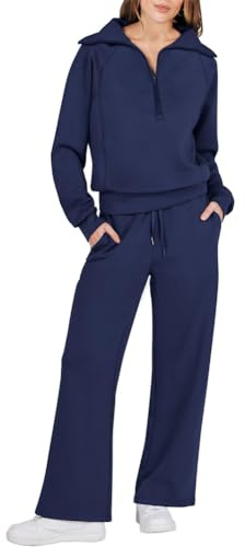 ORANDESIGNE Donna Completi Due Pezzi Set Tuta da Ginnastica Zip a Quarto di Dollaro Felpa Oversize Pantalone a Gamba Larga Autunno Set da Salotto Tuta da Ginnastica A Marino L