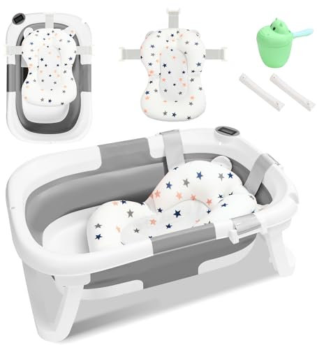 Cecaylie Baby Badewanne Faltbar Babywanne Klappbare mit Einsatz Babybadewanne, mit Thermometer und Bath Mat, Baby-haarwaschbecher, Rutschfeste Baby Bathtub für Neugeborene 0-6 Jahre, Grau