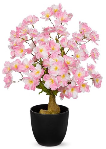 Briful 41CM Cherry Blossom Artificial Flowers in Pot, 16.1 Fake Cherry Tree Bonsai in Black Pot, Pink Silk Flowers Faux Cherry Blossom Artificial Plants for Home Spring Decoration