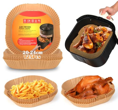 Carta da forno per friggitrice ad aria calda, 125 pezzi, 20 x 24 cm, rettangolare, carta pergamena quadrata non sbiancata e antiaderente, per Airfryer, forno, microonde, vapore