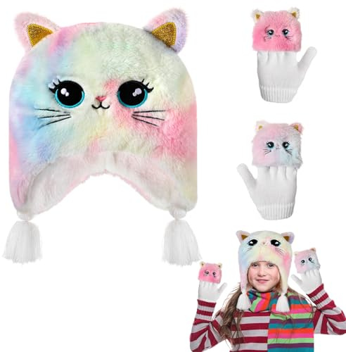 Chat Ensemble Bonnet et Gants Fille, 3PCS Bonnet Chat et Mitaine Enfant Filles de 3 à 10 ans, Bonnet Enfant Hiver Fille et Gants, Ensemble et Mitaines Bonnet Oreille de Chat Accessoires Chaud D'hiver