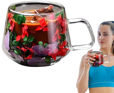 Rrlihjgu Taza de café de doble pared,Taza de café de vidrio con flores secas,200 ml Taza de vidrio de doble pared Vaso de vidrio de fusión floral para capuchino, té, café con leche, caliente