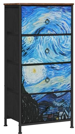 WOLTU Kommode mit 4 Schubladen aus Stoff, Sideboard Schubladenschrank, für Wohnzimmer Schlafzimmer Flur, Rustikales Braun mit Sternhimmelmotiv, 45x95x30 cm, SSK011szb