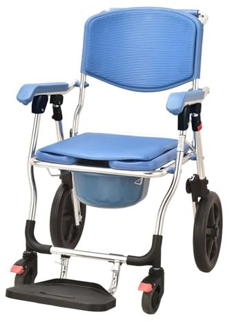 Silla Ducha Mayores con Ruedas, Silla Baño Ancianos Ducha Ruedas, 3 En 1 Silla WC Personas Mayores, Silla Ruedas Ducha con Agujero, Silla Inodoro Adultos, Capacidad De Carga De 150 Kg (Big Blue)