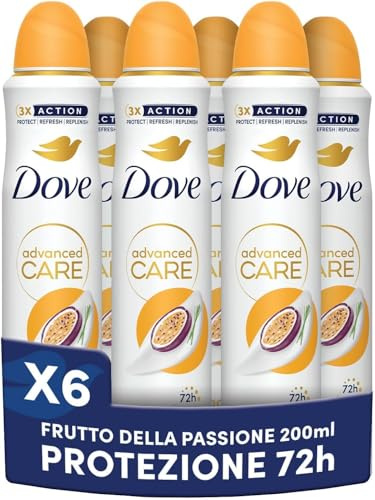 Dove Deodorante Spray Advanced Care Go Fresh Passion Fruit, con Formula Idratante e Delicata sulla Pelle, Senza Alcol, Pelle Asciutta Fino a 72 Ore, Deodorante Uomo e Donna, 6 Pezzi da 200ml