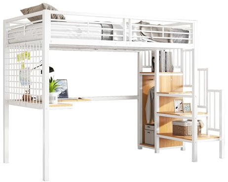 Cama Loft 90x200cm, Cama Alta Multifuncional para Niños y Adolescentes con Escritorio, Armario y Escalera Segura con Pasamanos, Diseño Compacto, Blanco