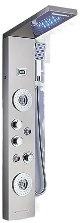 Duschkran set, matt svart LED-duschpanel, regndusch och vattenfall set badrum duschkolonn med massage spray för SPA, dubbelhandtag blandare kran torn (802