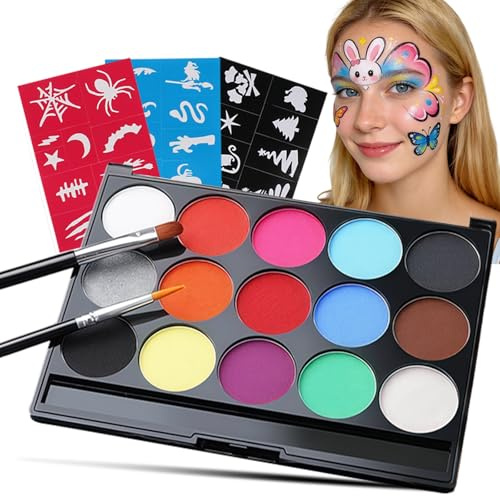 Palette de Maquillage 15 Couleurs, Peinture Visage Lavable avec 2 Pinceaux et 30 Pochoirs, Maquillage Artistique pour Halloween, Carnaval, Fête & Cosplay