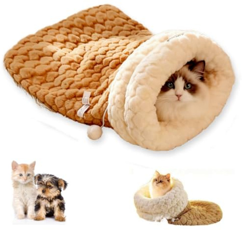 GDCARSL Cat Sleeping Bag, Cats Winter Sleeping Bag for Indoor Cats Cozy Plush Cat Cave Bed, Self-Warming Pet Snuggle Sack for Kitten Puppy Small Dogs (A-Khaki 1pcs, L-21x17.7)