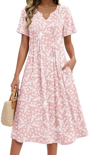 Zeagoo Floral Dress Women Summer Casual Short Sleeve Midi A-Line Flowy V-Neck Henly Tshirt Dresses Beach Vacation Sundress with Pockets Loose Knee Length Dress