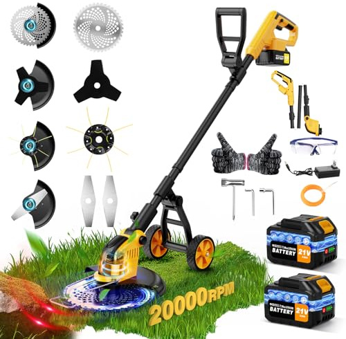 Decespugliatore a Batteria, 30CM Tagliaerba a Batteria con 2 Batterie da 3.0AH,Tagliaerba Elettrico con Ruota,Motore Senza Spazzole 800W,4 Tipi di Lamelle per Taglio Di Giardini, Prati,Arbusti