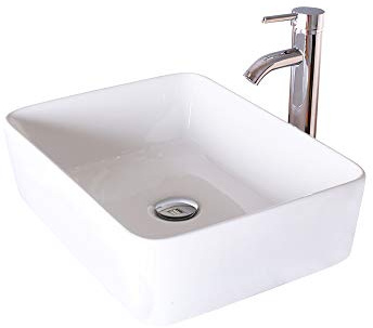 eclife Bathroom Ceramic Sink Bowl Classic White Rectangle Porcelain Vessel Sink and Faucet Combo for Bathroom Countertop Bowl Sink & Chrome Pop Up Drain (T03)