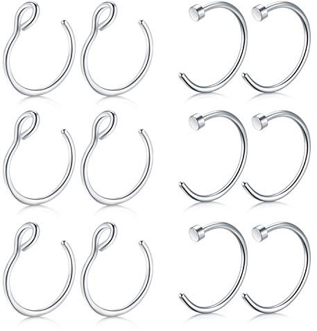 Mayhoop 12Stk 20G 8mm Nasenpiercings Fake Nasenring Silber Edelstahl Fake Piercings Nase Face Piercing Nase Lippe Ohr Ring Hoop für Männer Damen