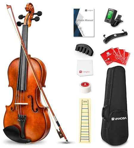 Vangoa 3/4 Violine Geige Anfänger Massivholz Akustische Violin Dreiviertel Größe für Kinder Einsteiger Studenten mit Violinenkoffer, Schulterstütze, Kolophonium, Saiten, Handbuch, Dämpfer