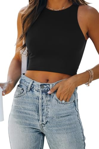 EFAN Womens Sexy Sleeveless Double Lined Crop Tops Workout Cute Tight Racerback Tank Tops Summer Clothes Teen Girls 2025 Black M