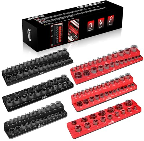 GOOACC Magnetic Socket Organizer Set, 6 Pieces Magnetic Socket Holder 1/2, 1/4, 3/8 Drive Metric & SAE Socket Tool Set, Socket Organizer Tray for Tool Box Drawer Holds 143 Standard Sockets