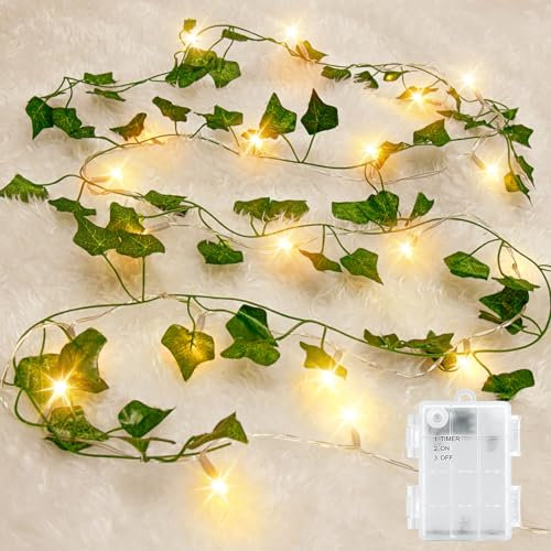 Gcstnn Guirlande Lumineuse avec Feuilles, 2M 20LED Lierre Artificiel Guirlande Lumineuse IP65 Étanche Chaîne Lierre Lumiere avec Minuterie, pour Jardin Chambre Noël Mariage In/Exterieur Décor Lights