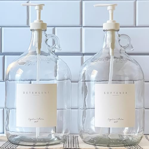 Laundry Detergent Dispenser for Laundry Room - Two One Gallon Glass Jugs with White Liquid Pumps, Fabric Softener, Liquid Soap Dispenser or Bleach, 128 oz - Includes 4 Labels
