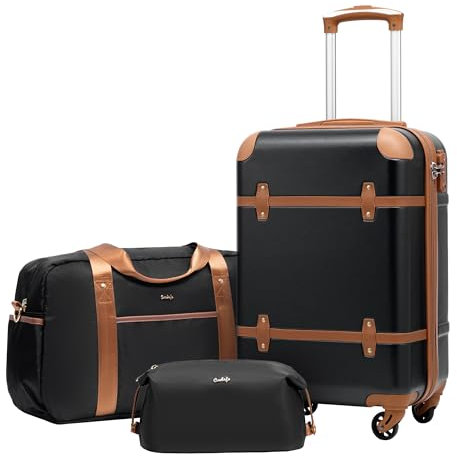 COOLIFE Koffer Trolley Koffer Reisekoffer ABS Hartschalen Trolley 4 Rollen TSA-Schloss Grosse Kapazität Der Koffer Enthält 1 Reisetasche und 1 Kulturbeutel (Schwarz/Braun, Handgepäck-Set 3tlg)