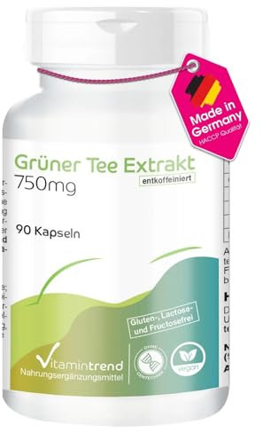 Vitamintrend Grüner Tee Extrakt 750mg, 90 Kapseln, hochdosiert, Nahrungsergänzungsmittel vegan ohne Magnesiumstearat, in Deutschland hergestellt