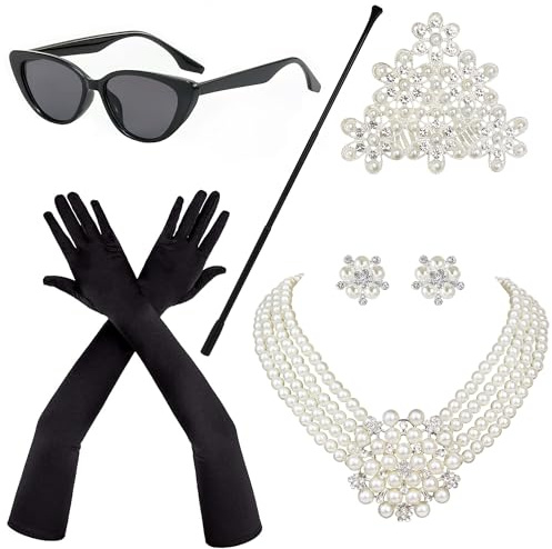 Horolam 6PCS 1920s Accessori, Holly Golightly Costume 20s Accessori collana di perle Orecchini Guanti occhiali da sole per le donne (Nero)