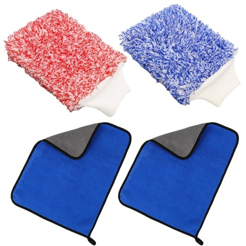 Yuiturt 4 Pcs Car Wash Kit with 2 Microfiber Towels & 2 Dual-Sided Soft Wash Mitts – Car Cleaning, Polishing & Drying Gloves and Cloth for Auto Detailing and Home Cleaning