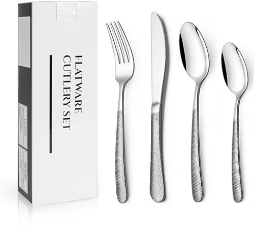 Estmoon Hammered Cutlery Set, 32 Piece Stainless Steel Flatware Set, Silverware Set with Spoon Knife and Fork Set, Service for 8, Dishwasher Safe, Mirror Polished